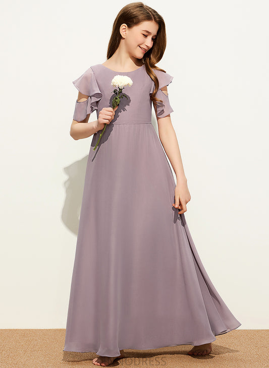 Floor-Length Neck Scoop Junior Bridesmaid Dresses Aileen Chiffon Cascading A-Line With Ruffles