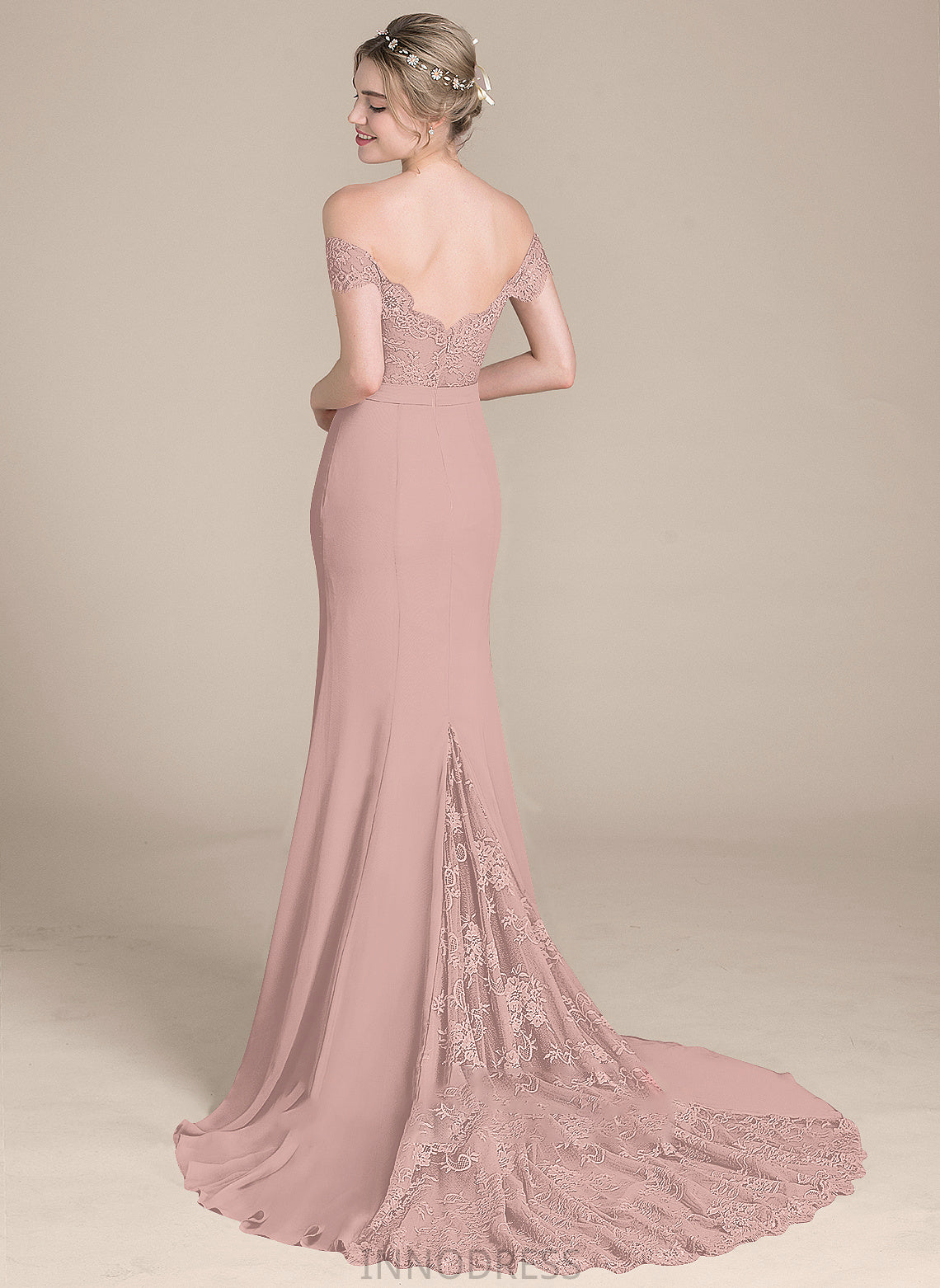 Court Prom Dresses Off-the-Shoulder Trumpet/Mermaid Train Lace Natalee With Chiffon Sequins