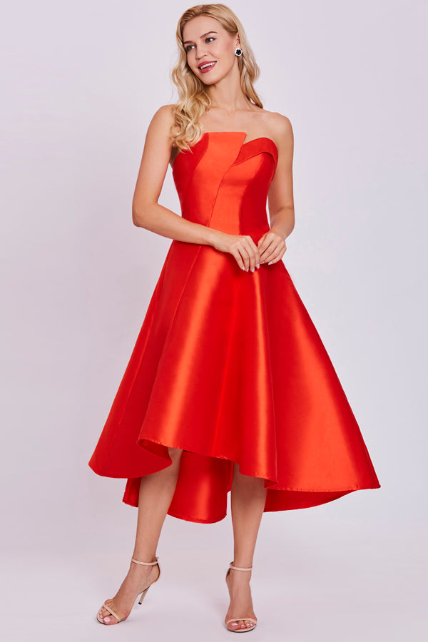 Orange A Line Tea Length Strapless Sleeveless Mid Back Prom Dresses