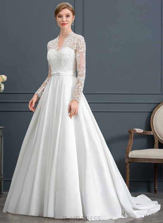 Wedding Ball-Gown/Princess Dress Satin V-neck Court Bow(s) Train With Bria Wedding Dresses