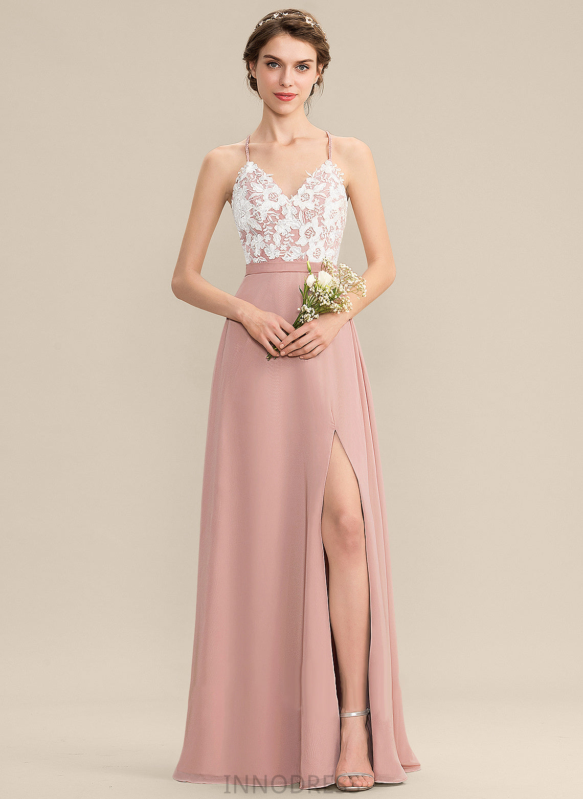 Split Sage Chiffon Prom Dresses A-Line V-neck Floor-Length With Front Lace