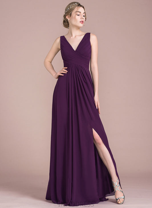 With Chiffon Hadassah Ruffle A-Line V-neck Front Split Floor-Length Prom Dresses