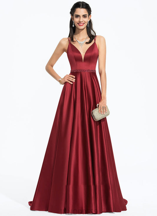 Front With Satin Prom Dresses Sequins Sweep Train Destinee A-Line V-neck Beading Split