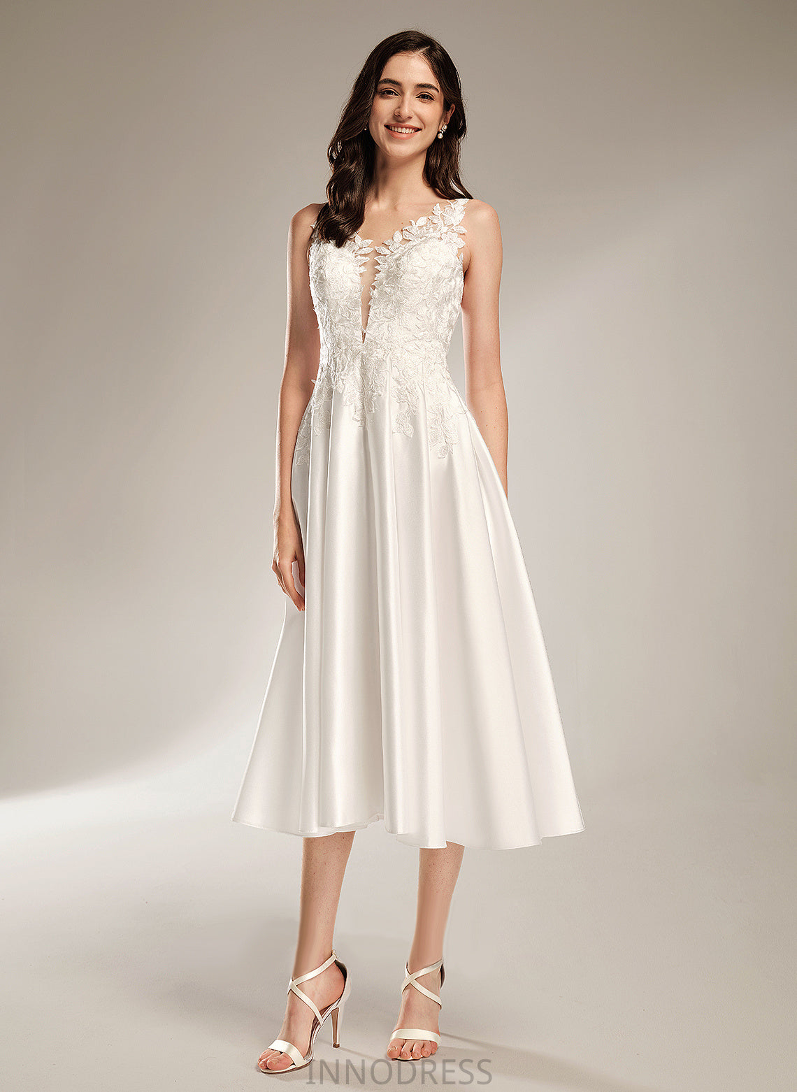 Tea-Length Wedding Dresses Lace Wedding A-Line With Dress Erika Satin Pockets V-neck