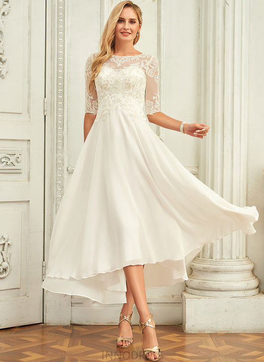 Annie Scoop Wedding Sequins Beading Asymmetrical Chiffon Dress Wedding Dresses A-Line With Neck