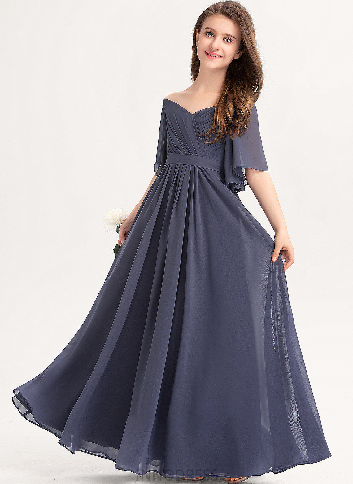 With A-Line Junior Bridesmaid Dresses Off-the-Shoulder Bow(s) Areli Floor-Length Ruffle Chiffon