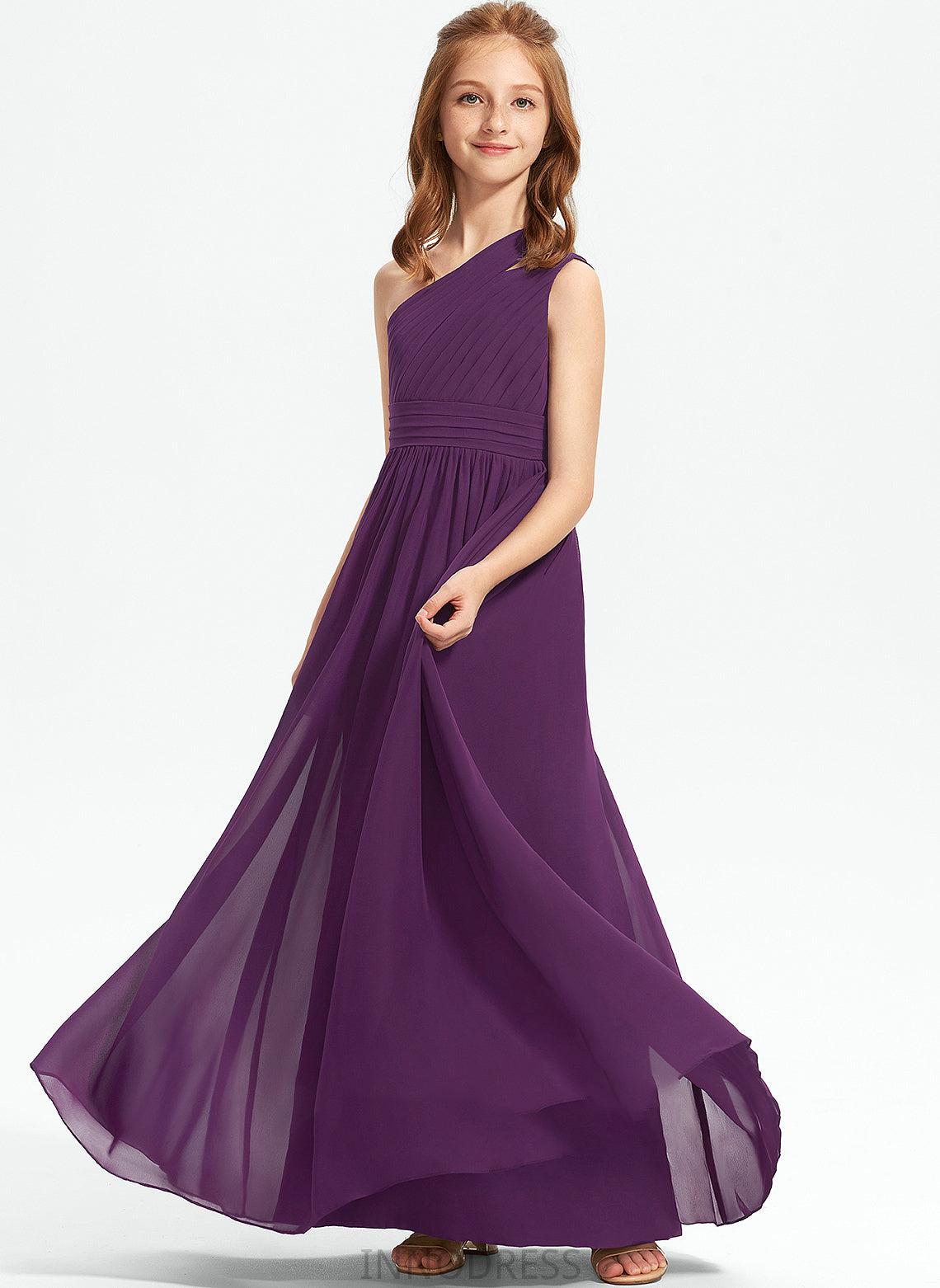 Floor-Length Ruffle With A-Line Viviana One-Shoulder Chiffon Junior Bridesmaid Dresses