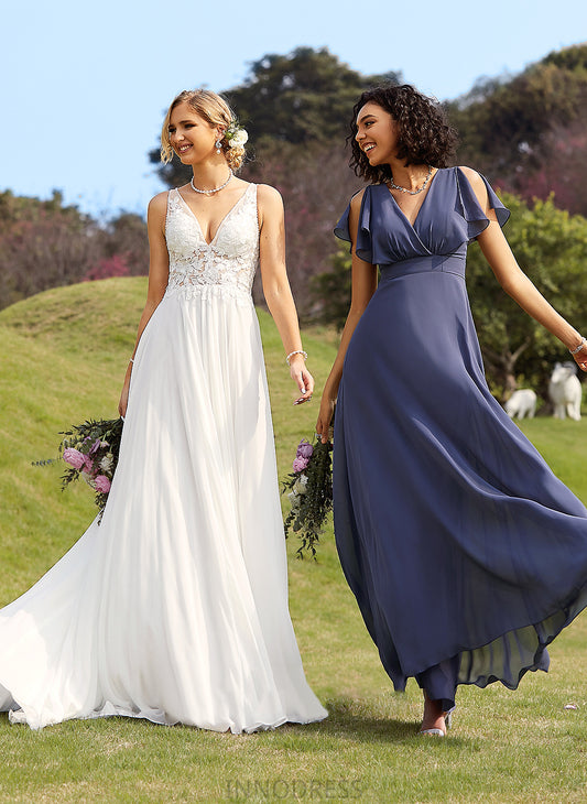 With Wedding A-Line Dress Train Beading V-neck Court Lace Sequins Khloe Chiffon Wedding Dresses