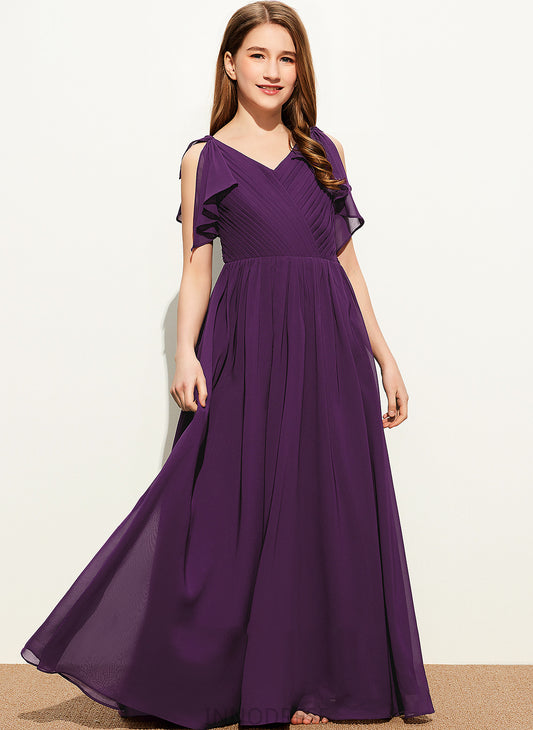 With Cascading A-Line V-neck Junior Bridesmaid Dresses Ruffles Dulce Bow(s) Floor-Length Chiffon