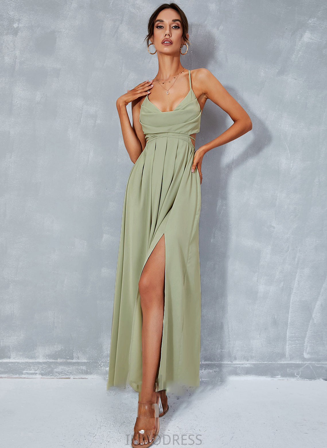 Front Ankle-Length Split Neck A-Line Prom Dresses Cowl Yasmin With