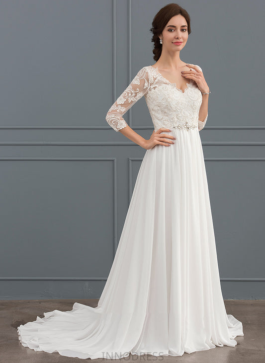 Sequins Logan Sweep With Beading Lace Chiffon Train Wedding A-Line Dress V-neck Wedding Dresses