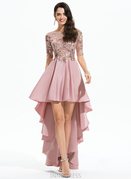 Aubrey Satin With Asymmetrical Neck Prom Dresses Lace A-Line Scoop Sequins