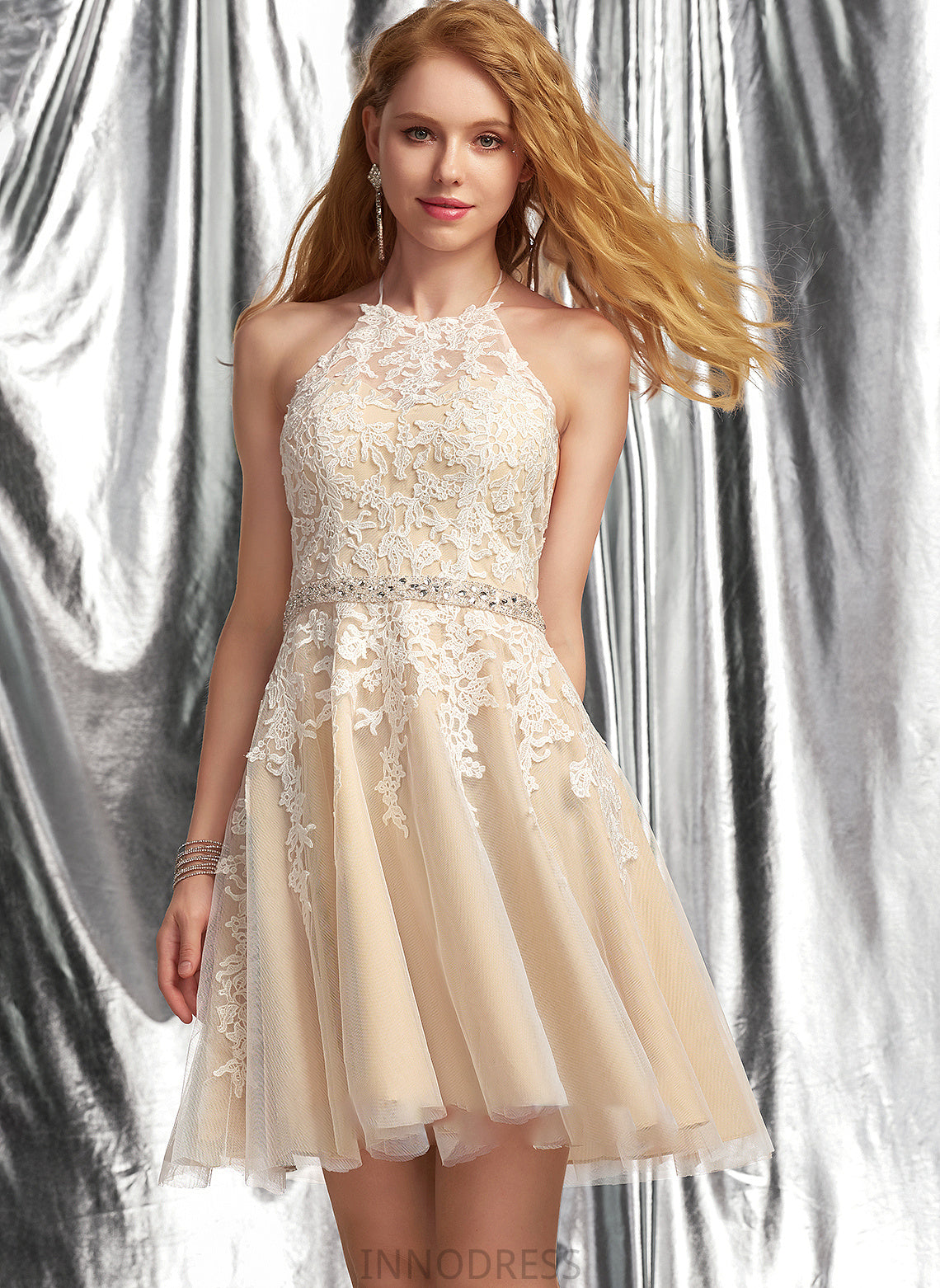 Beading Short/Mini A-Line With Sequins Tulle Prom Dresses Halter Lace Katelyn