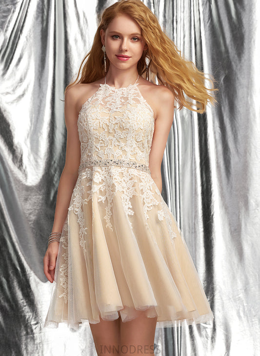 Beading Short/Mini A-Line With Sequins Tulle Prom Dresses Halter Lace Katelyn