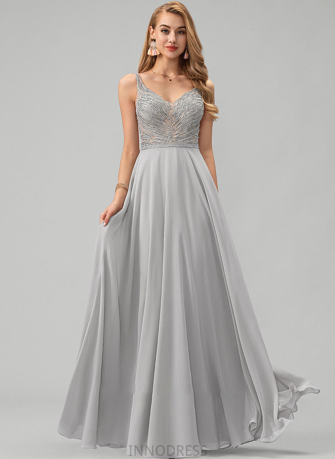 A-Line Sequins Prom Dresses V-neck Alice With Chiffon Beading Floor-Length