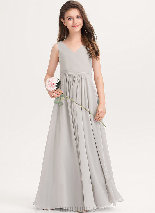 With Floor-Length Junior Bridesmaid Dresses V-neck A-Line Pockets Jaslene Chiffon