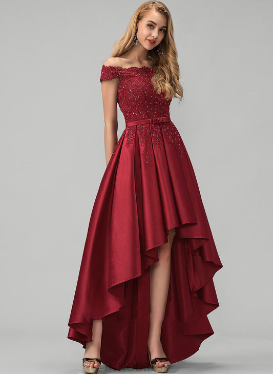 Bow(s) Lace Satin With Sequins Beading Ball-Gown/Princess Asymmetrical Off-the-Shoulder Krista Prom Dresses