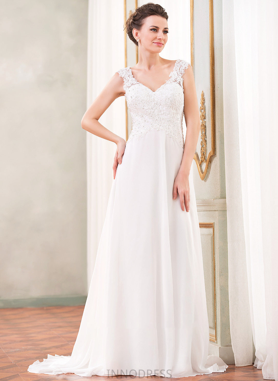 Sequins Sweep Chiffon Julianna A-Line Beading Dress Lace Train V-neck With Wedding Dresses Wedding