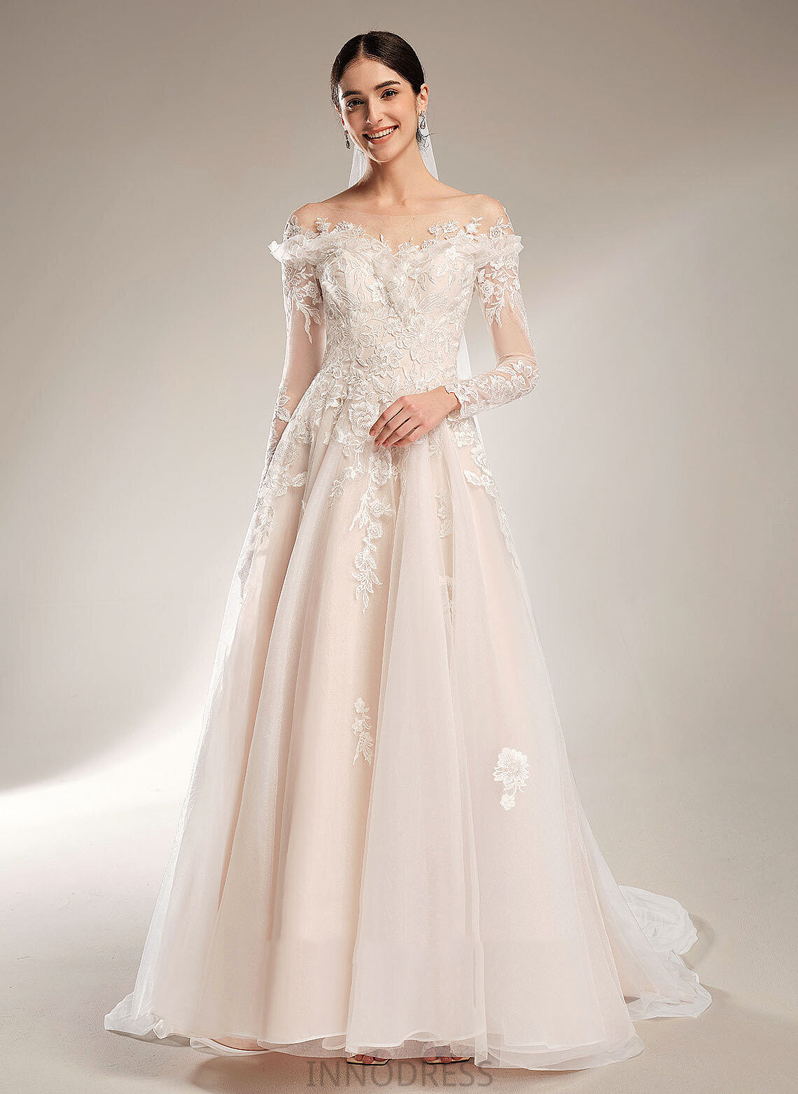 Court Wedding Dress Tulle Ball-Gown/Princess Train Caylee Sequins Lace Off-the-Shoulder With Wedding Dresses