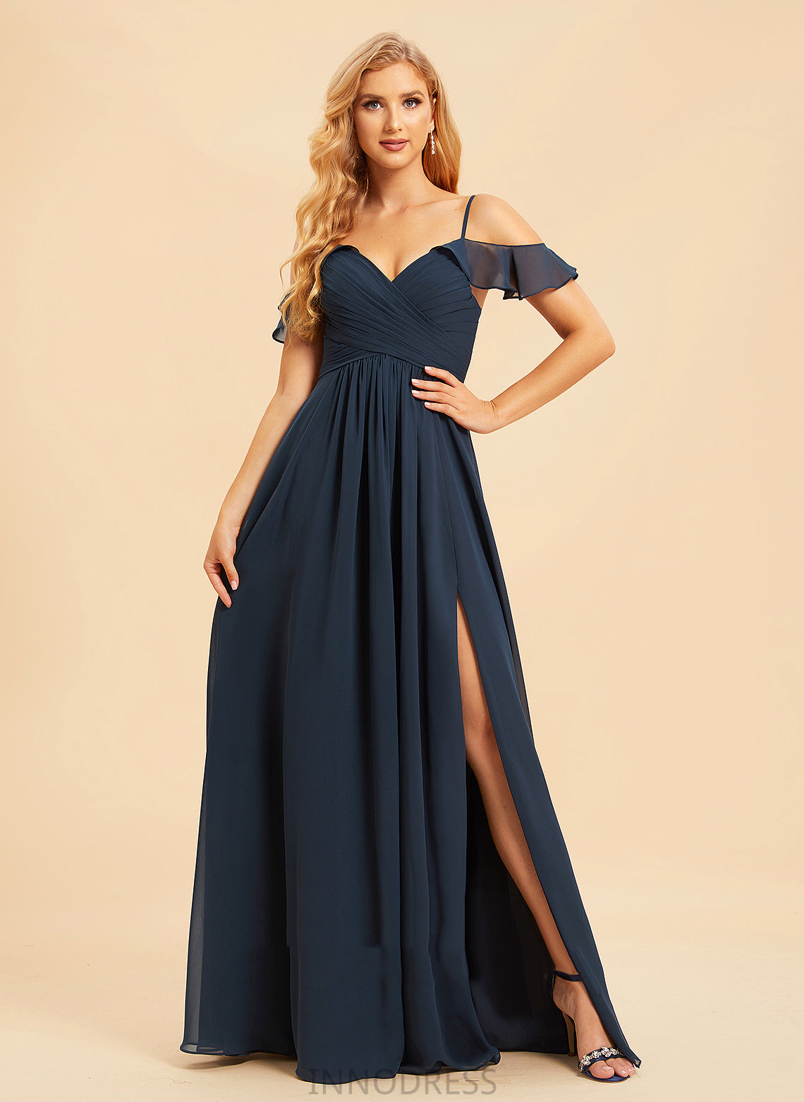 Floor-Length Silhouette A-Line Embellishment Fabric V-neck Neckline SplitFront Length Yadira Floor Length Natural Waist Bridesmaid Dresses