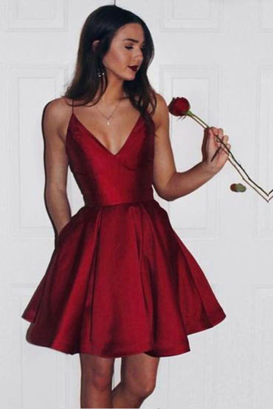 Burgundy Spaghetti Sleeveless Short Homecoming Dresses