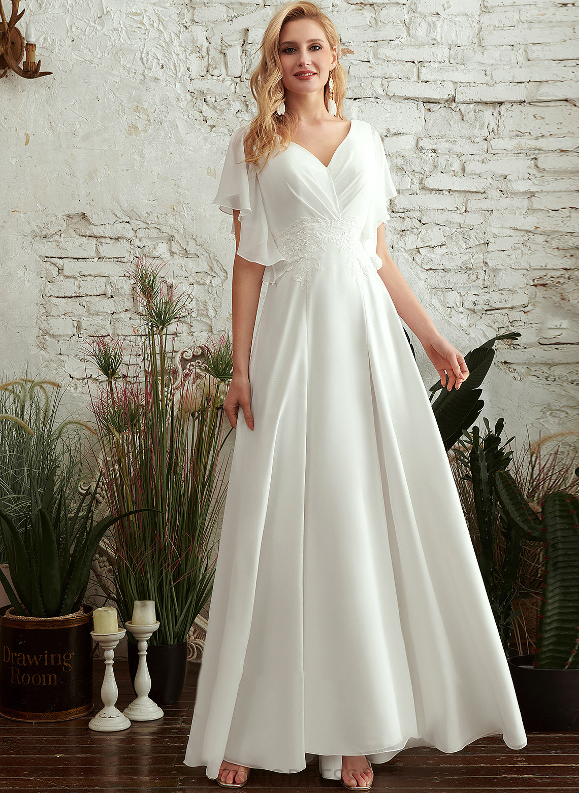 With A-Line Kirsten Wedding Wedding Dresses Front Chiffon Floor-Length Lace Dress Split V-neck