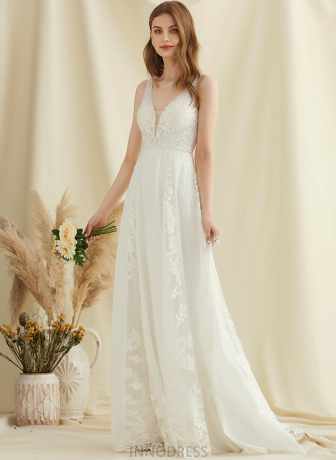 Sequins Dress Wedding Dresses A-Line Chiffon V-neck Train With Sweep Wedding Lace Anastasia