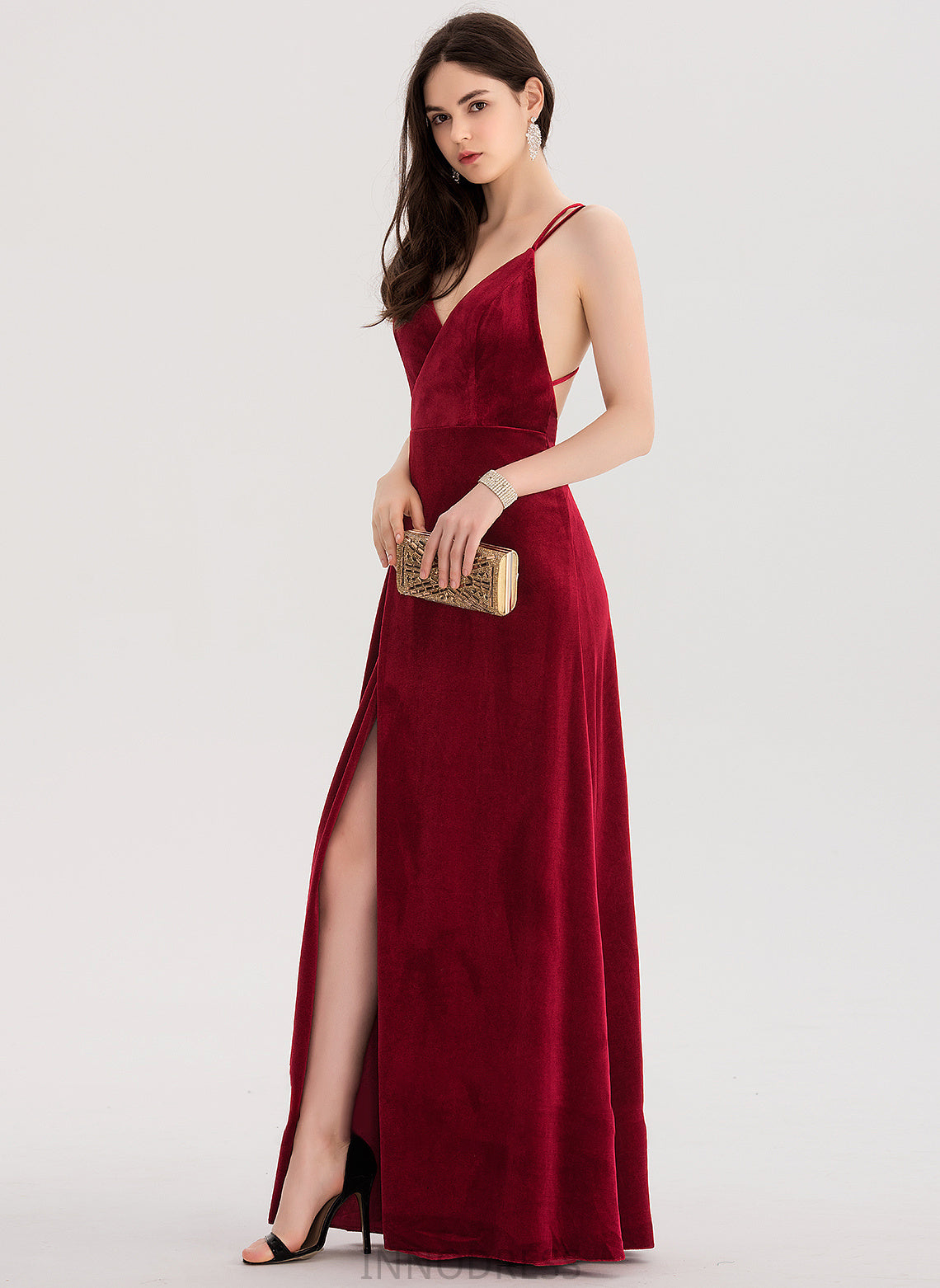 Split V-neck Halle A-Line Velvet Front Floor-Length Prom Dresses With