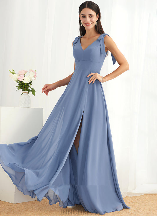 V-neck A-Line SplitFront Neckline Floor-Length Embellishment Length Fabric Silhouette Bow(s) Samara Natural Waist Bridesmaid Dresses