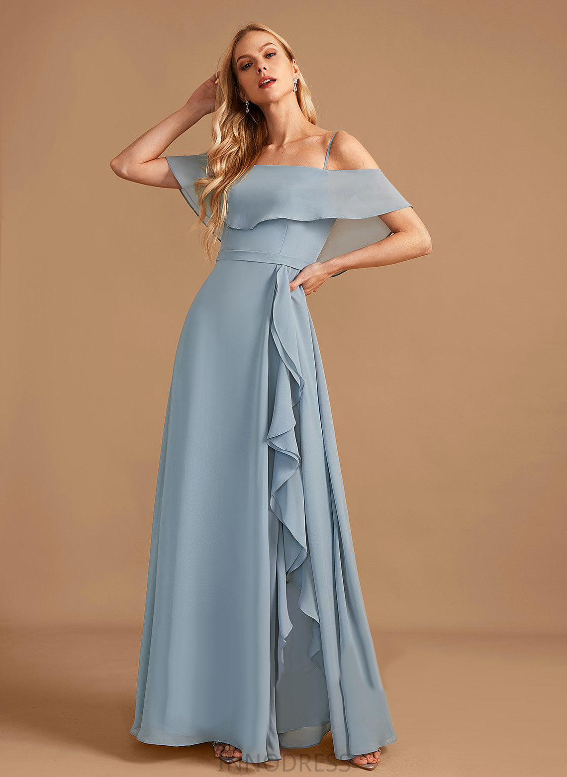 SplitFront Embellishment Length Neckline Ruffle Fabric Off-the-Shoulder A-Line Floor-Length Silhouette Emery Sleeveless Bridesmaid Dresses