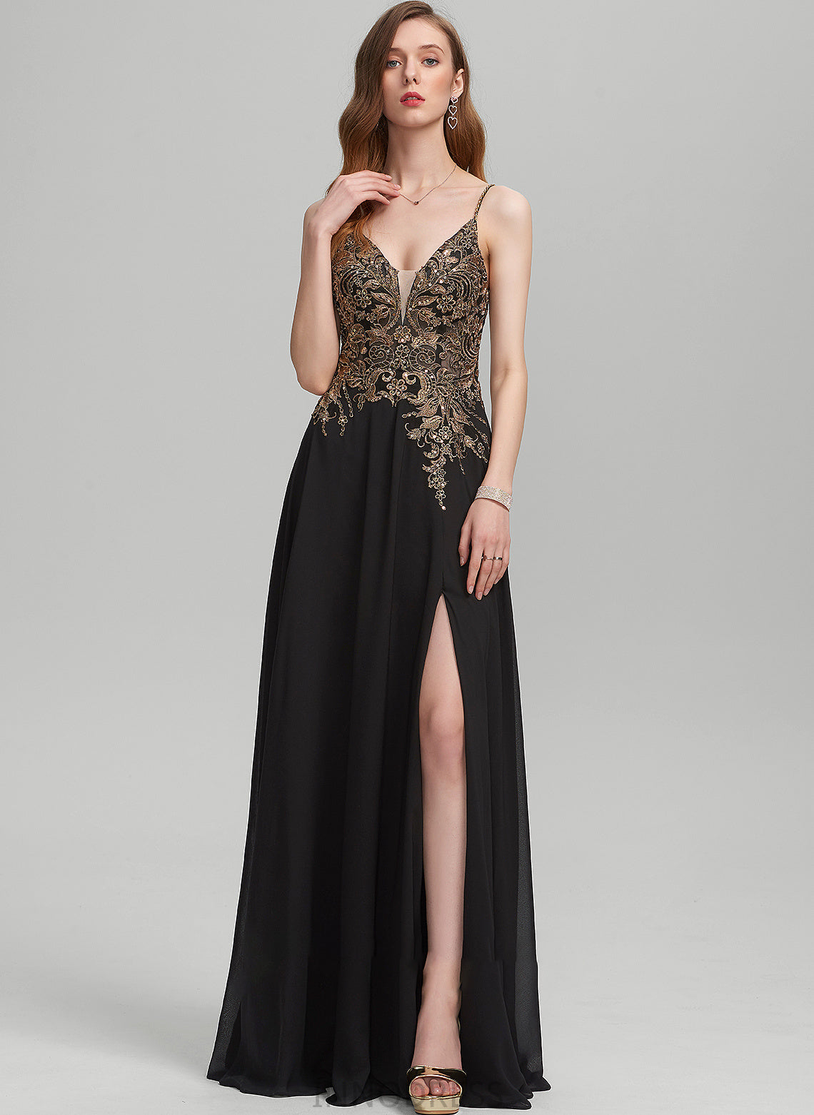 Floor-Length With Prom Dresses A-Line V-neck Jaida Sequins Front Split Lace Chiffon