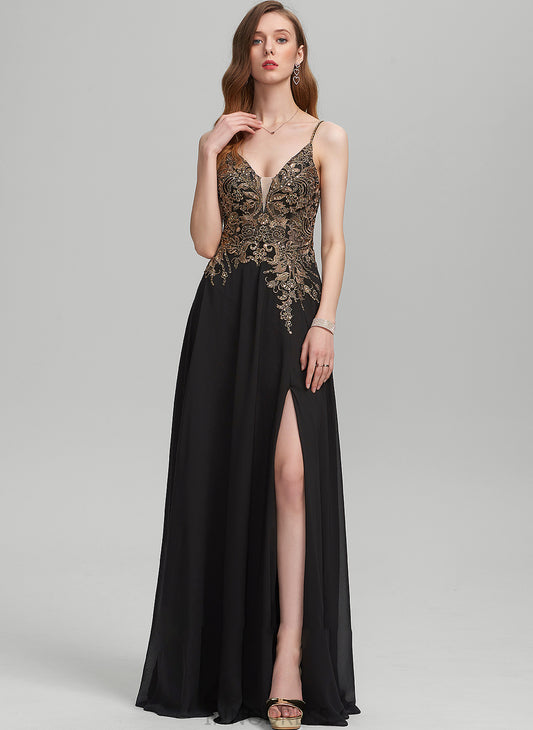 Floor-Length With Prom Dresses A-Line V-neck Jaida Sequins Front Split Lace Chiffon