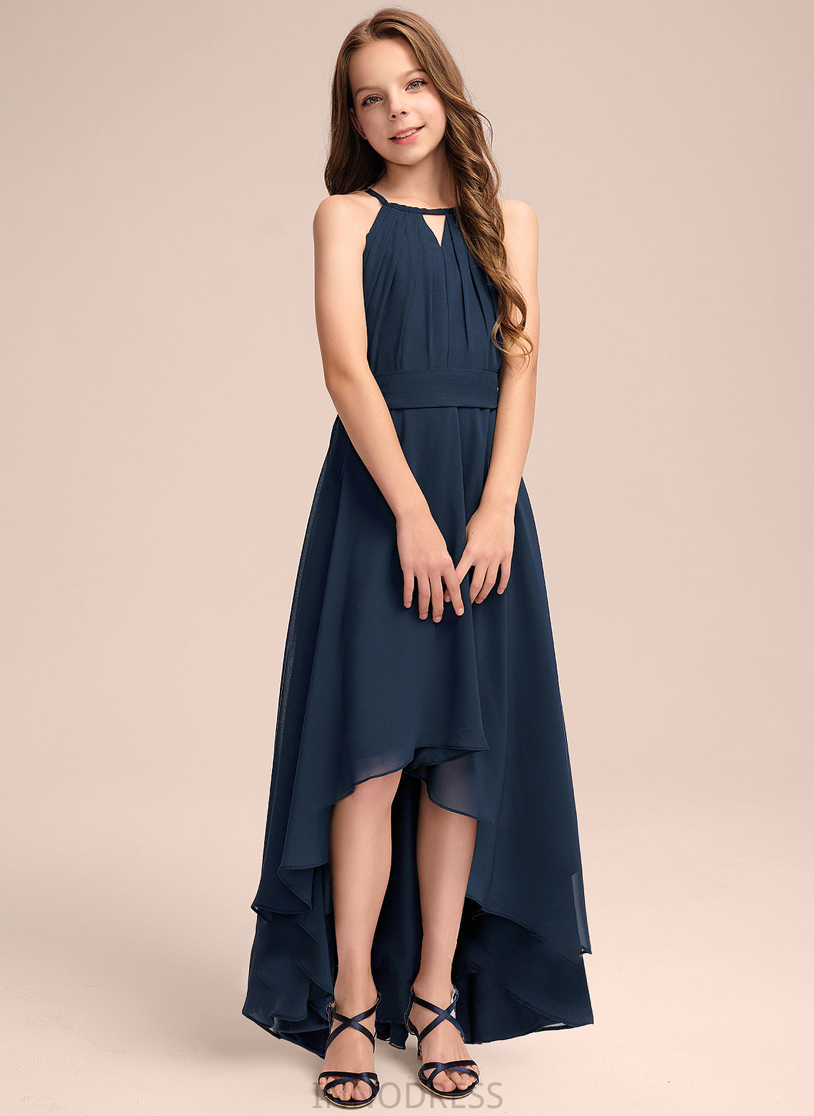 A-Line Asymmetrical Neck With Bow(s) Chiffon Junior Bridesmaid Dresses Adison Ruffles Scoop