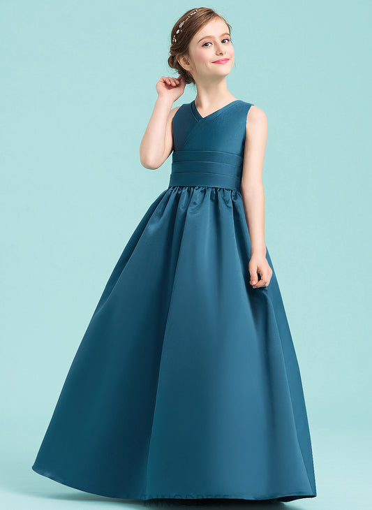 Satin With Ball-Gown/Princess V-neck Jadyn Floor-Length Junior Bridesmaid Dresses Ruffle