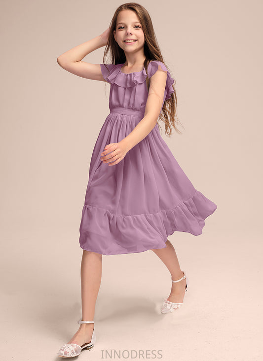 Bow(s) A-Line Ruffles Chiffon Cascading Knee-Length Xiomara Scoop Neck With Junior Bridesmaid Dresses