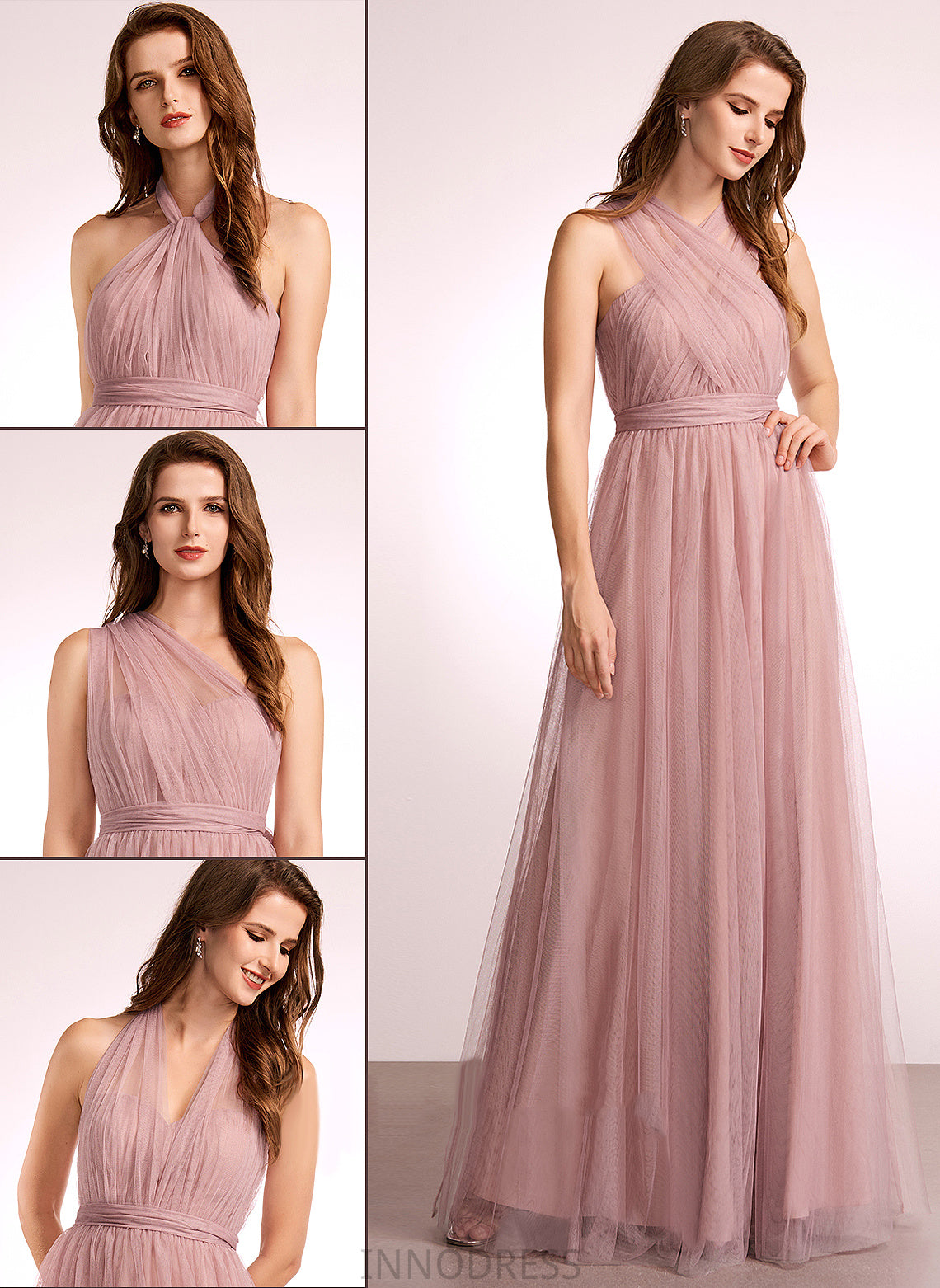 Fabric One-Shoulder Off-the-Shoulder Neckline A-Line Floor-Length Tulle Straps Silhouette V-neck Length Emmalee Bridesmaid Dresses