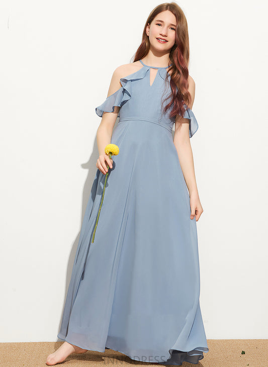 Cascading Chiffon Neck Kristen A-Line Scoop Ruffles Bow(s) With Floor-Length Junior Bridesmaid Dresses