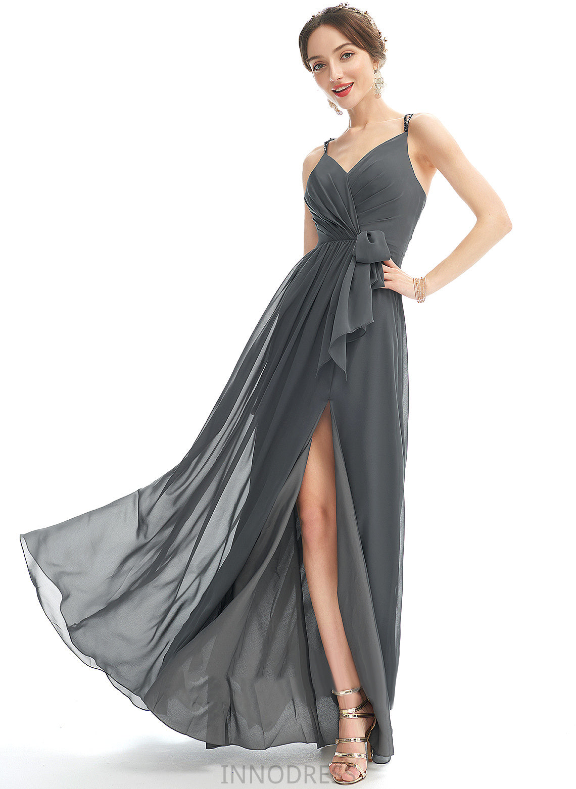 Embellishment Length Neckline V-neck SplitFront Fabric A-Line Ruffle Floor-Length Silhouette Beading Charlize Bridesmaid Dresses