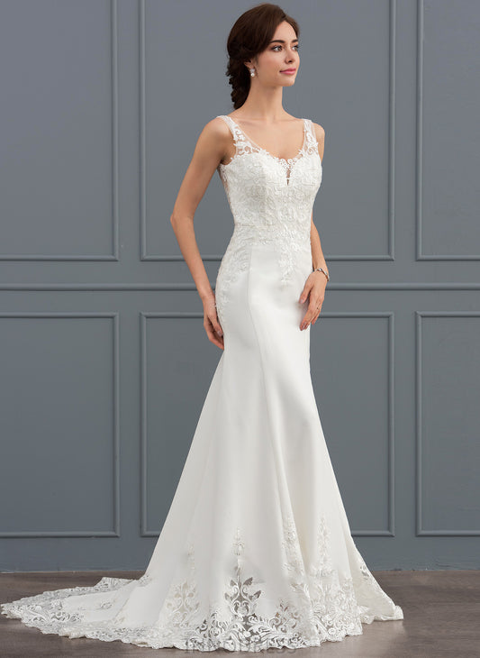 Wedding Dresses V-neck Crepe With Train Court Sequins Dress Stretch Wedding Trumpet/Mermaid Chasity Lace