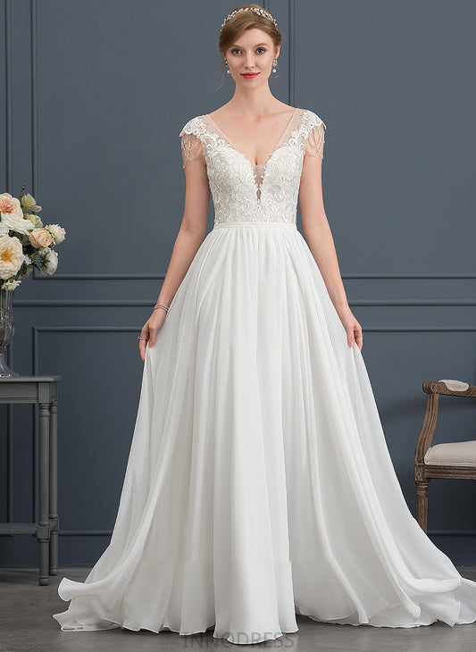 Sequins Wedding Dresses Beading V-neck Sweep Dress A-Line Chiffon With Jayla Wedding Train