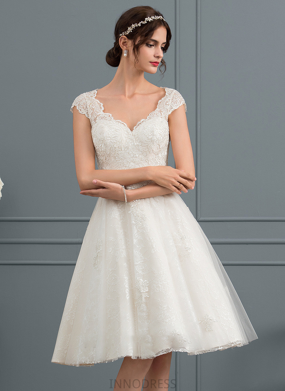 Lace Tulle Dress Knee-Length V-neck Wedding Dresses Ellen A-Line Wedding