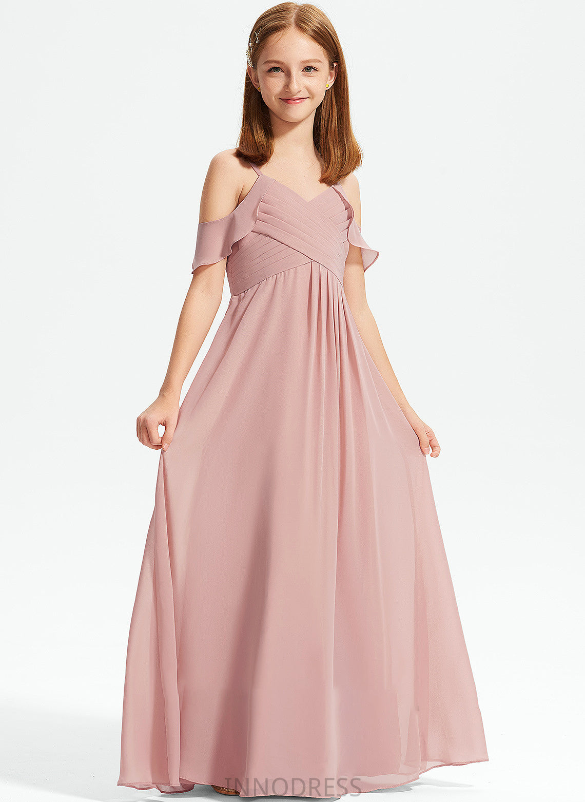 Off-the-Shoulder With Ryan Floor-Length Chiffon Junior Bridesmaid Dresses A-Line Ruffles Cascading