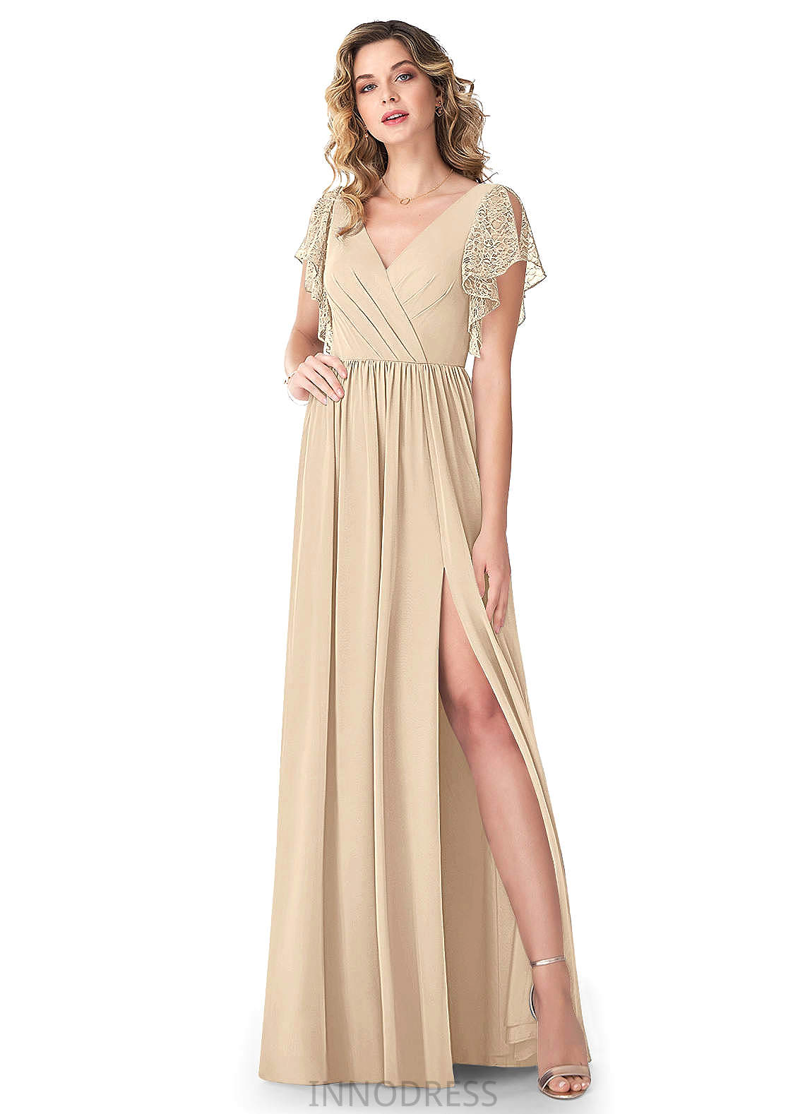 Mya Natural Waist V-Neck Sleeveless Floor Length A-Line/Princess Bridesmaid Dresses