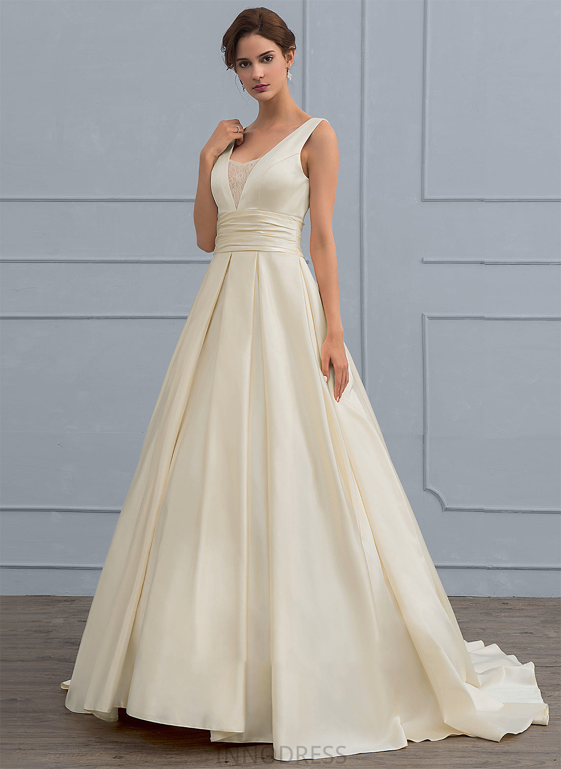 Dress Lace Train Wedding Dresses Satin Guadalupe V-neck With Ball-Gown/Princess Wedding Sweep