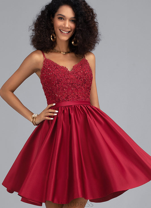 Short/Mini Sequins Dania Prom Dresses A-Line Beading V-neck Satin With