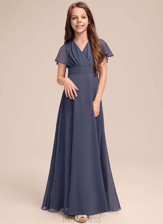 Chiffon Brooklyn A-Line Ruffle Bow(s) Floor-Length With V-neck Junior Bridesmaid Dresses