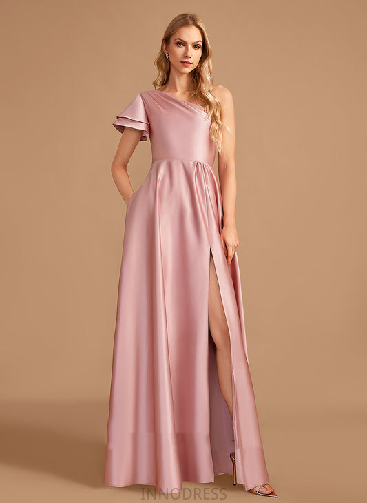 One-Shoulder Embellishment Fabric Neckline Silhouette A-Line Floor-Length Length SplitFront Elaine Natural Waist V-Neck Bridesmaid Dresses