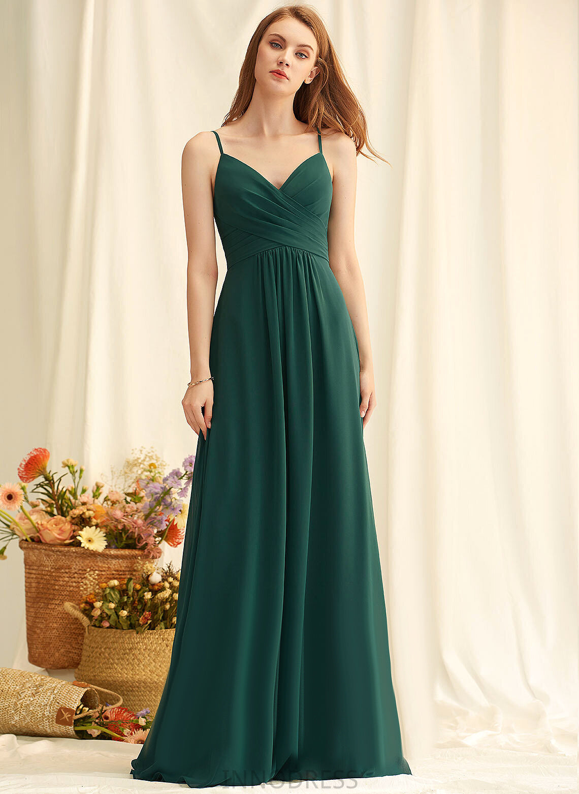 V-neck A-Line Floor-Length Silhouette Pleated Neckline Fabric Embellishment Length Annika Scoop Natural Waist Bridesmaid Dresses