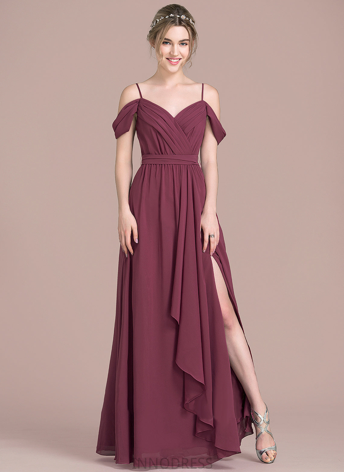 Chiffon Prom Dresses Cascading V-neck Split Ruffles A-Line Front With Floor-Length Bow(s) Simone