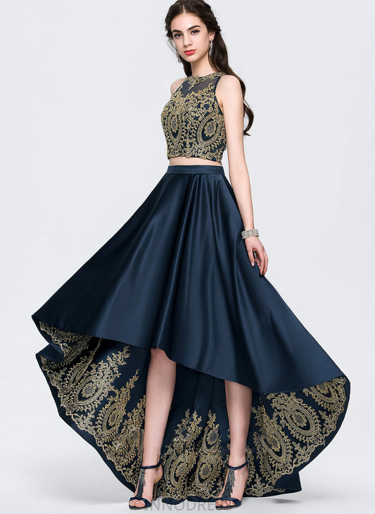 Asymmetrical Prom Dresses Lace Beading Neck Satin Sequins Jakayla With Scoop A-Line